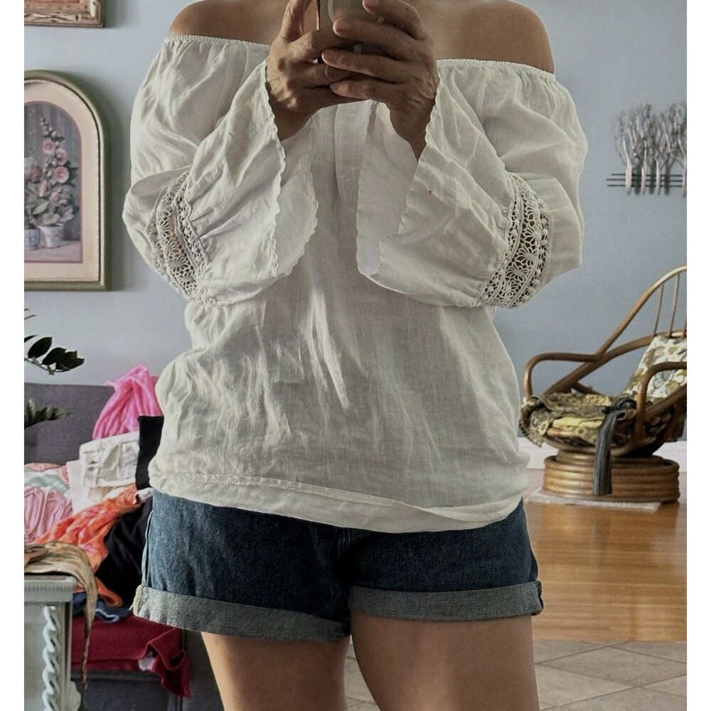 Alessia Pacini Italy White Linen Tunic Top Women Sz S‎ Beachie coastal vacation - Picture 14 of 16